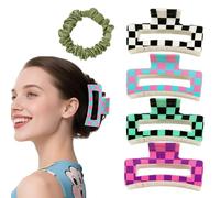 Flomiara 5PCS Hair Clips for Women, Claw Clips, Plastic Square Hair Clip, Suitable for Thick Hair, Strong-Hold Claws Styling, 8.5 CM Square Hair Clip, Suitable For Girls (Grid Printing Pattern)