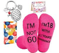 Flomiara 60th Birthday Gifts 3PCS for Women Funny Fluffy Socks Present for 60 Year Old Ladies Grandma Family, Auntie Friend with Greeting Card, Rose Metal Keychain Socks Boxed Red, 4-8 uk, 37-42 eur