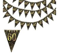 Flomiara 60th Black Gold Party Decorations Birthday Bunting, Happy Banner Bunting Flags, 36 Pieces Triangle Gold Black Glitter Diamond by Numbers Birthday Anniversary Theme Party Decoration Supplies