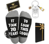 Flomiara 70th birthday gifts for men, Gifts for Men Boy Heartwarming Soft and Breathable, Cotton Happy Birthday High Tube Socks with Greeting Card, Metal Keychain, UK 6-12EU 39-46 Black Grey