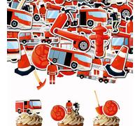 Flomiara 80Pcs Fire Truck Cupcake Toppers Edible Cake Topper Decorations Cake Decorations, Fire Truck Cupcake Toppers with Box for Birthday Wedding Anniversary Baby Shower Party Supplies, Red