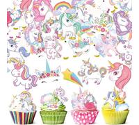 Flomiara 80Pcs Unicorn Cupcake Toppers Edible Cake Topper Decorations Cake Decorations, Unicorn Animal Cupcake Toppers with Box for Birthday Wedding Anniversary Baby Shower Party Supplies, Multicolor