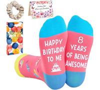 Flomiara 8th Birthday Gifts 3PCS for Girls Cute Colorful Socks Present for 8 Year Old Girls Birthday Party, Niece Granddaughter Friends Family, Auntie Friend with Greeting Card, Hair Band Socks Boxed