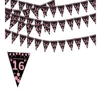 Flomiara Black Pink Party Decorations birthday bunting, Happy Banner Bunting Flags, 36 Pieces Triangle Pink Black Glitter Diamond by Numbers 16th Birthday Anniversary Theme Party Decoration Supplies