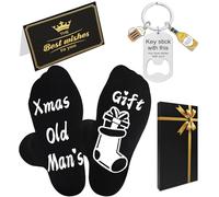 Flomiara Christmas Socks Present, Gifts for Men Boy Heartwarming Soft and Breathable, Christmas White Print Crew Cotton Funny Birthday Socks with Greeting Card, Metal Keychain, UK 6-12 EU 39-46 Black