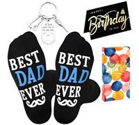 Flomiara Dad Birthday Gifts 3PCS for Men Heartwarming Socks Present, Soft and Breathable Funny Beard Pattern, Dad Black Blue Crew Socks with Greeting Card, Metal Bottle Opener Keychain Boxed