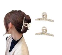 Flomiara Kitsch Gold Metal Claw Clip-Large Hair Clip for All Hair Types, Double-Row Pearl Rhinestone Figure-Eight Hairpin, Cute Powerful Claw for Girls Women, 2 Piece