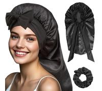 Flomiara Long Satin Bonnet, Large Silk Adjustable Sleeping Cap Skin Care, Cleaning, Makeup for Women Girl, Elastic & Soft Easy to Use Silk Sleep Braid Caps for Long Curly Hair with Tie Band Black