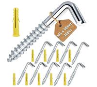 Flomiara Screw Hooks with Wall Plugs, Galvanised Steel Right Angle Screw Hooks, Heavy Duty Square Bend Hanging Hooks for Masonry, Timber, Brick & DIY Fixings, Max Load 15kg, 10PCS