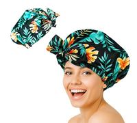 Flomiara Shower Cap for Women, Shower Hat, Waterproof Reusable Shower Caps, Hair Shower Caps for Long, for Both Men, Silky Sleep Bathing Cap for Women Long Curly, Leaf Texture Design