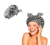 Flomiara Shower Cap for Women, Shower Hat, Waterproof Reusable Shower Caps, Hair Shower Caps for Long, for Both Men Women, Silky Sleep Bathing Cap for Long Curly, White Leopard Print Design