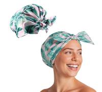 Flomiara Shower Cap for Women, Shower Hat, Waterproof Reusable Shower Caps, Hair Shower Caps for Long, for Both Men, Silky Sleep Bathing Cap for Long Curly, Pink leaf Pattern Design