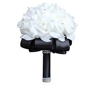 Flonding Wedding Bouquet, Black Bouquet for Bride Bridesmaid with Diamond Soft Ribbons, Artificial Rose Bridal Holding Flowers for Party Church