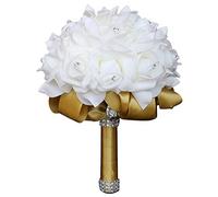 Flonding Wedding Bouquet, Gold Bouquet for Bride Bridesmaid with Diamond Soft Ribbons, Artificial Rose Bridal Holding Flowers for Party Church