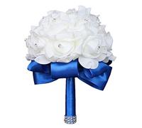 Flonding Wedding Bouquet, Royal Blue Bouquet for Bride Bridesmaid with Diamond Soft Ribbons, Artificial Rose Bridal Holding Flowers for Party Church