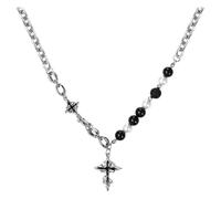 Flonge Cross Pendant Rosary Necklace: Punk Cross Pendant Volcanic Stone Imitation Pearl Beaded Necklace with Stainless Steel Chain Healing Protection Gift for Men Women