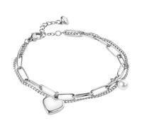 Flonge Love Heart Link Bracelet: Charm Heart Pendant Double Layer Bracelet Adjustable Paperclip Link Chain Bracelet Jewelry Gift for Mother Her Silver