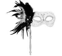 Flonge Masquerade Mask with Stick: Feather Masquerade Masks Mardi Gras Party Prom Mask Venetian Halloween Costume Masks for Women Silver