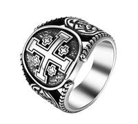 Flonge Men's Jerusalem Cross Ring: Religious Cross Signet Rings Vintage Stainless Steel Statement Ring Christian Amulet Jewelry Gift for Men Size 10