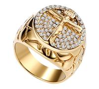 Flonge Men's Jesus Cross Ring: Christian Cross Ring Bling Iced Out Ring 14K Gold Plated Stainless Steel Wedding Ring Religious Jewelry for Men Size 8