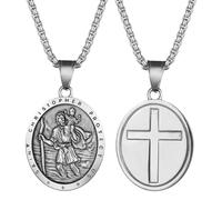 Flonge Men's Saint Christopher Necklace: Stainless Steel St Christopher Pendant Medal Necklace Cross Necklace Religious Amulet Jewelry Gift For Men Women Silver