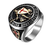 Flonge Men's St. Michael Ring: Punk Knights Templar Cross Armor Shield Ring Biker Stainless Steel Signet Ring Catholic Medal Amulet Jewelry Gift Black Gold Size 11