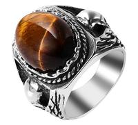 Flonge Men's Tiger Eye Ring: Biker Oval Tiger Eye Stone Knight Ring Vintage Engraved Skull Rings Stainless Steel Classic Jewelry for Men Size 12