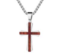 Flonge Mens Wood Cross Necklace: Stainless Steel Pendant Necklaces Inlay Mahogany Ebony Cross with Adjustable Cuban Chain Silver