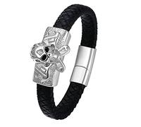 Flonge Skull Braided Leather Bracelet: Silver Punk Skull Pendant Cuff Bracelets Gothic Stainless Steel Biker Bracelets with Magnetic Buckle