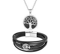 Flonge Tree of Life Necklace Bracelet Set: Vintage Multi-Layer Braided Leather Bracelet Charm Tree of Life Pendant Necklace Viking Jewelry Gifts for Men