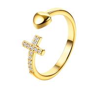 Flonge Women's Christian Purity Ring: Adjustable Love Open Rings Dainty Cubic Zirconia Cross Ring Religious Faith Jewelry Gift for Women Gold