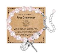 Flonge Women's Cross Rosary Bracelet: Charm Pearl Beaded Bracelet Christian Virgin Mary Medal Adjustable Bracelets with First Communion Gift Card