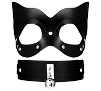 Flonge Women's Leather Mask Set: Cat Masquerade Mask and Wide Collar Choker with Bell Halloween Cosplay Costume Accessory