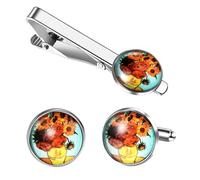 Flongo 2 x Vincent van Gogh Silver Art Jewellery Artist Cufflinks & Tie Clip Starry Night Design Accessories Wedding Business Evening Wear, cm, Alloy Adhesive drops, Alloy