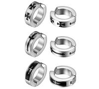 Flongo 3 Pairs Women's Men's Non-Pierced Hoops Earrings Set, Stainless Steel Cross Loop Huggies Earrings Color Silver Black Vintage Clip Ons Earrings Gift for Christmas Anniversary Valentine's