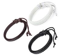 Flongo 3PCS Men's Womens Braided Black & Brown & White Leather Rope Woven Wrap Surfer Cuff Bracelets Set, Fit 7.6-10.6 inch Wrist