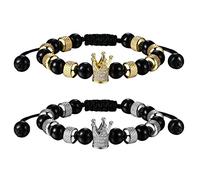 Flongo Beads Couples Bracelets, Natural Frosted Stone Zircon Beads Bangle, King & Queen Crown Long Distance Relationships Friendship Bracelets for Couples Women Men, Jewellery Gifts for Lover Him Her