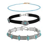 Flongo Black Choker Necklace for Women: 3 Piece Western Turquoise Gothic Jewelry - Boho Native American Style - Velvet Pearl Metal Layered Necklaces - Festival Country Concert Accessories