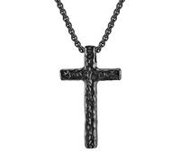 Flongo Black Cross Necklace for Men in Stainless Steel - Large Pendant with Hammered Textured Surface, Vintage Punk Style, Christian Jewellery Symbol of Faith and Strength