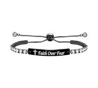 Flongo Black Inspirational Bracelet for Women with Engraving Faith Over Fear - Adjustable Stainless Steel Motivation Bangle - Gift for Girlfriend, Friend or Daughter