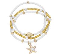 Flongo Boho Beach Bracelet for Women: 3 Piece White Gold Ankle - Starfish and Shell Ocean Jewellery Set - Adjustable Waterproof Summer Foot Chain with Pearls - Gift for Beach Lovers