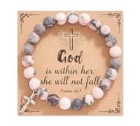 Flongo Christian Beads Bracelets for Women: Handmade Natural Stone Cross Pendant Crucifix Jewelry - Religious Catholic Graduation Birthday Friendship Love Gifts for Women Girls Girlfriend(a)