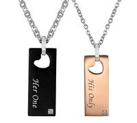 Flongo Couples Pendent Necklace, Stainless Steel His Hers Rectangle ''HIS ONLY & HER ONE'' Heart Pendant Necklace,Couples Matching Wedding Valentine Engagement Promise Necklace