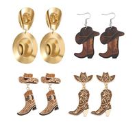 Flongo Cowgirl Western Earrings for Women: 4 Pairs Boho Dangle Drop Earrings with Cowboy Hat Boots - Country Jewellery Crystal Enamel - Festival Party Gift for Girls Rodeo Fans Ladies