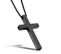 Flongo Cross Breathing Anxiety Necklace: Engraved I CAN DO ALL THINGS Bible Verse Mindful Breath Pendant Silent Whistle for Calm Focus and Quit Smoking Black Necklace Faith Gift for Men or Women