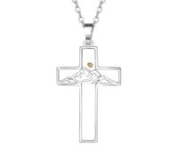 Flongo Cross Mountain Necklace for Women: Silver Mustard Seed Necklace with Extendable Chain - Christian Jewellery - Stainless Steel Faith Pendant with Mountain Range - Religious Gift
