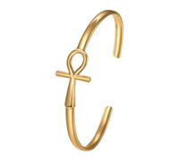 Flongo Egyptian Ankh Cross Bracelet for Women Gold Adjustable Cuff Stainless Steel Bangle Open Design Life Key Symbol Spiritual Jewellery Religious Accessory Gift for Her Meaningful Present