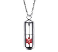 Flongo Fashion Pill Case Capsule Pendant Necklace Stainless Steel Mens Womens, 20 inch Chain, Cross Medicine Keepsake Pendant Necklace (Medical Alert Pill)