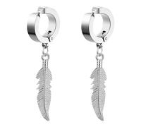 Flongo Feather Non Pierced Earrings: Unisex Clip on Gothic Pendant Articulated Fake Earrings - Stainless Steel Hug Round Earrings Jewelry Gifts for Husband Wife Boyfriend Girlfriend Lover(Silver)