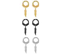 Flongo Feather Non Pierced Earrings: Unisex Embrace Circle Clip On Gothic Pendant Hinged Fake Ear Rings - Stainless Steel Huggie Earrings Jewelry Gifts for Husband Wife Girlfriend Lover(3Pcs)